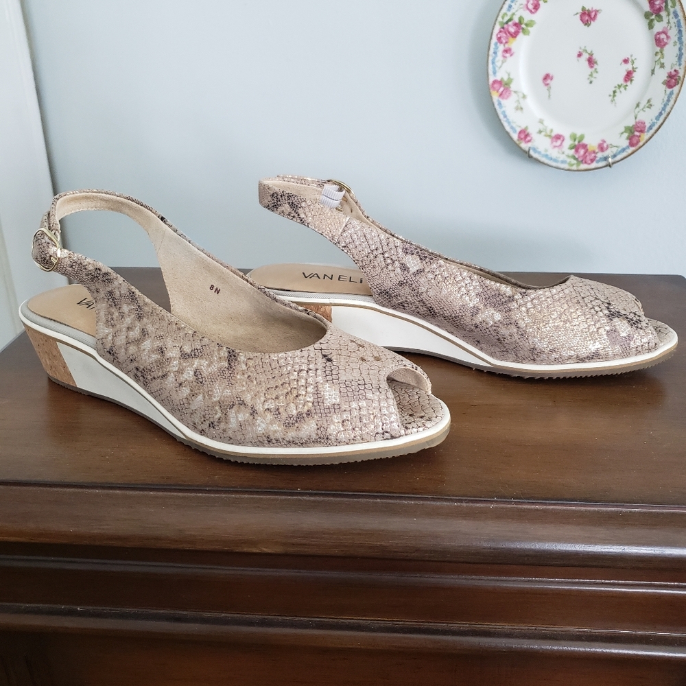 Van Eli Metallic Snakeskin Wedge Sandals